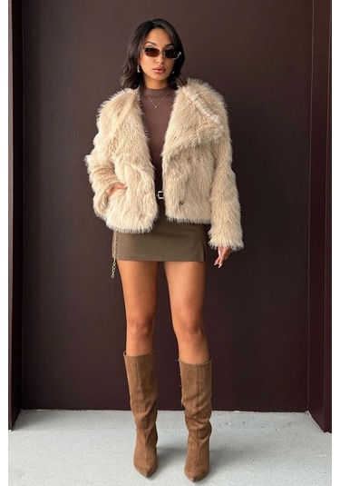 Kadın Vintage Peluş Tüylü Crop Ceket Altın Düğmeli Bisiklet Yaka Kışlık Şık Ceket Taş