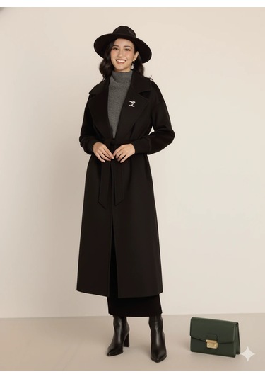 Kadın Siyah Kaşe Uzun Kaban Maksi Boy Palto Geniş Yakalı Düz Kesim Kışlık Siyah