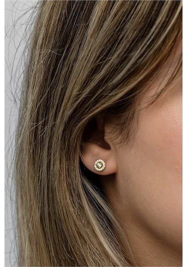 Nereze 925 Ayar Gümüş Gold Kaplama Minimal Tektaş Yuvarlak Küpe