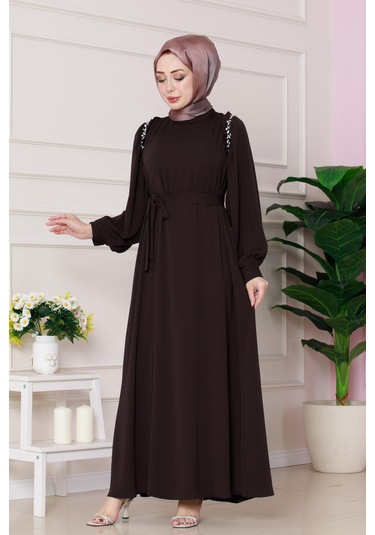Omuzu Taş Detaylı Rose Elbise-kahverengi-4774 Kahverengi