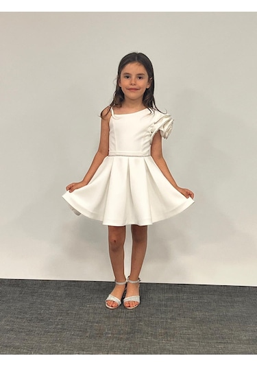 Kız Çocuk Abiye Krem Kısa Tek Omuz Gül Detaylı Krep Kumaş Abiye Elbise 5-10 Yaş Siyah