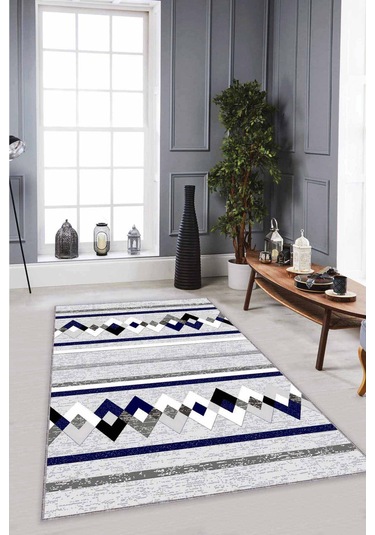 Lacivert Zigzag Kaymaz Taban Makinede Yıkanabilir Halı Rt08