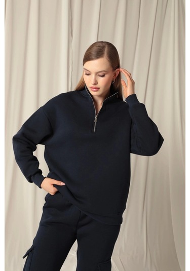 Üç İplik Dik Yaka Yarım Fermuarlı Kadın Lacivert Sweat Çok Renkli