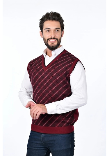 Kamalı Bordo Erkek Çelik Örgü Ekose Desenli Kalın Triko V Yaka Triko Örgü Tüylenmez Süveter Regular Bordo