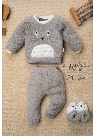 Mai Perla Totoro Nakışlı Welsoft Peluş 3'lü Bebek Takım Gri