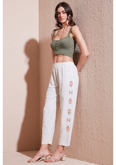 Lela Bohem Işlemeli Keten Ve Pamuk Karışımlı Şalvar Bayan Pantolon 5865050 Bej-Fuşya