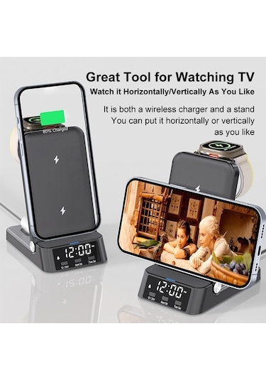 Pazly 15w 4-in-1 Manyetik Kablosuz Şarj İstasyonu, Saatli, Hızlı Şarj, Kullanışlı Tasarım