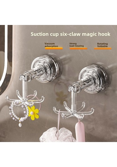 Reedark Banyo Sıçramalı Altı Ayar Rotatif Kanca - Delme Yok Duvar Takımı - Çok Amaçlı Aksesuar, Saç İpi Saklama Rafı Şeffaf Gri Diğer