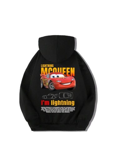 Brz Kids Unisex Çocuk Şimşek Mcqueen Arabalar Hoodie Siyah