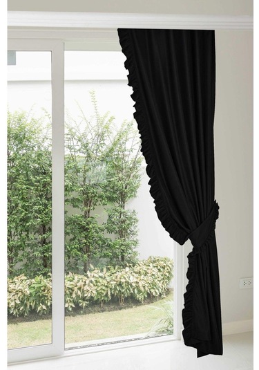 Fırfırlı Vintage Kadifemsi Dertsiz Pamuk Keten Perde En X Boy - Tek Kanat Siyah