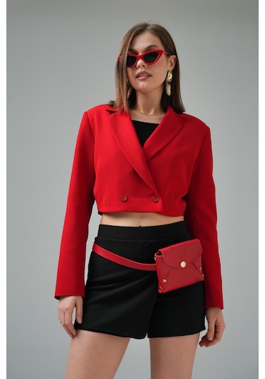 Kırmızı Kruvaze Crop Blazer Ceket Kırmızı