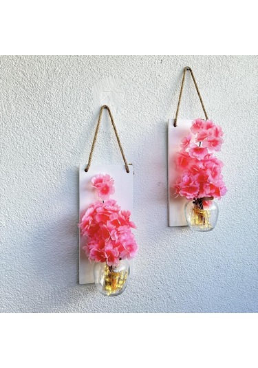 Led Işıklı, Pembe Bahardalı Çiçekli Duvar Dekoru Beyaz İkili Set Beyaz