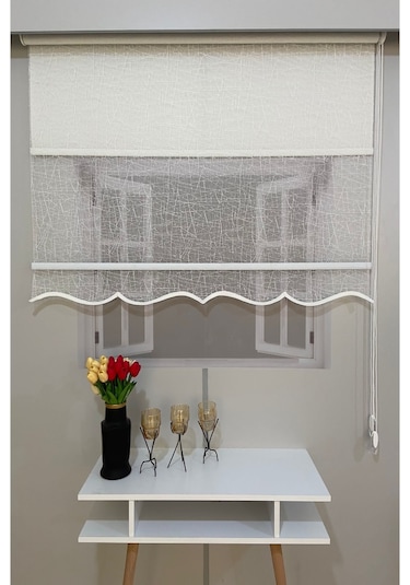 İncilifehome İcl1084 Çift Mekanizmalı Geometrik Desenli Tül Ve Stor Perde Kırık Beyaz Kırık Beyaz