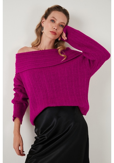 Lela Oversize Fit Madonna Yaka Triko Bayan Kazak 4615216 Fuşya