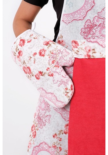 Flower 4lü Set Mutfak Önlüğü Havlulu Mutfak Önlüğü Fırın Eldiveni Ve Tutacak Kırmızı