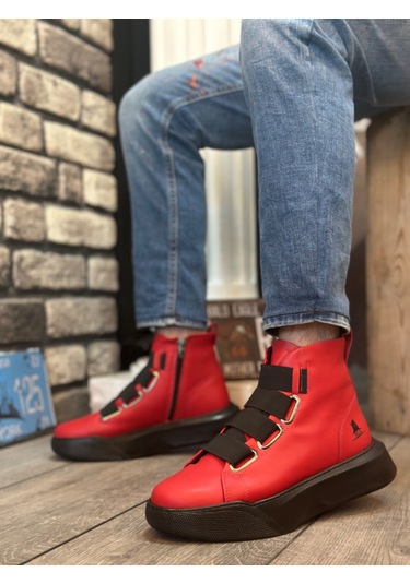 Ba0142 Bantlı Erkek Yüksek Taban Kırmızı Spor Bot Kırmızı