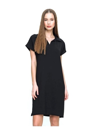 Kadın Bol Kesim Polo Yaka Kısa Kollu Günlük Kısa Midi Elbise Dizüstü 2883200 Siyah
