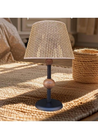 Çift Ahşaplı Abajur Siyah Rattan Kahve Rengi Şapkalı Siyah