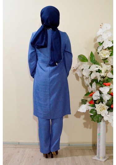 Deryam Tekstil Kadın Sofya Keten Tunik Pantolon Takımı Mavi 44 Beden Mavi