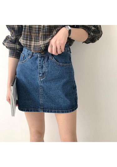 Koyu Mavi Yaz Retro Basit Yüksek Bel Kot Etek Kadın Evaze Elbise Moda Yarım Uzunlukta Rahat Kısa Kot Pantolon Etek Koyu Mavi