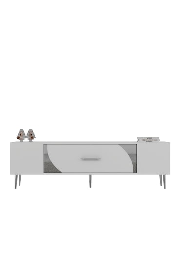 Şeki Tv Sehpası Tv Ünitesi 150 Cm Beyaz Gümüş