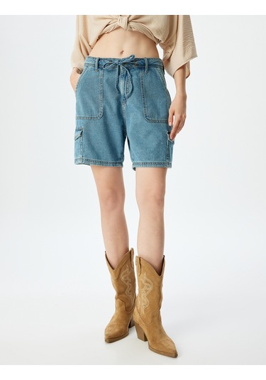 Koton Kot Şort Kargo Cepli Yüksek Bel Bağcık Detaylı Açık İndigo 4sal40058md Açık İndigo