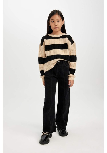 DeFacto Kız Çocuk Çizgili Bisiklet Yaka Triko Kazak A6009A824WNBK27 Siyah