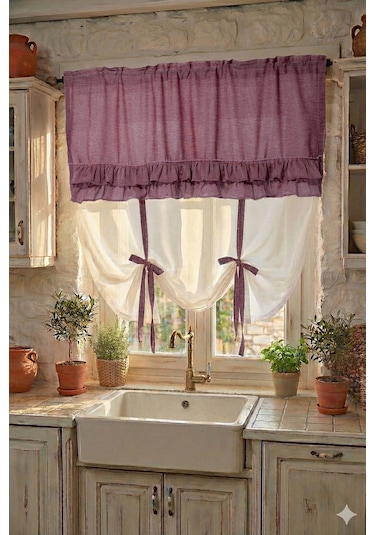 Country Style Potlu Perde Çift Fırfırlı Bordo