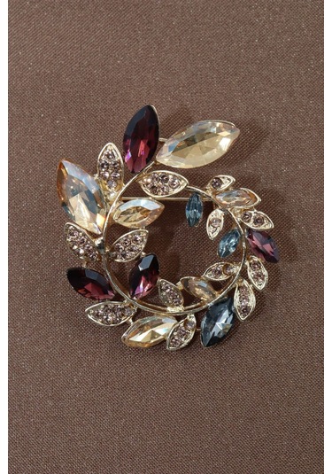 Zeytin Dalı Çelenk Broş. Gold Pırlanta Taşlı Zeytin Dallı Yaka İğnesi Çiçek Broş, Erkek Kadın Broş Gold