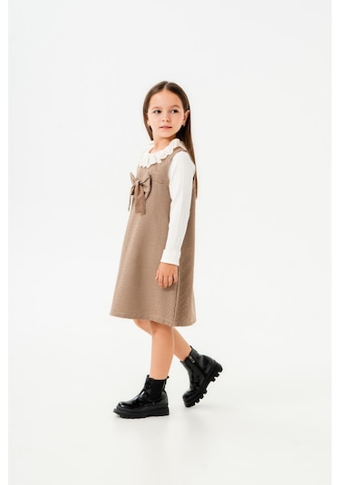 Smile Kids Fiyonklu Bebe Yaka 2'li Kız Elbise Kahverengi