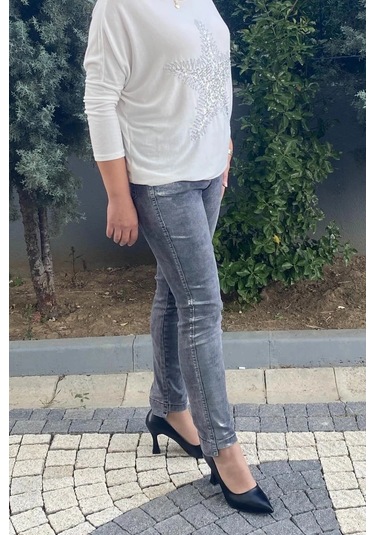 Kadın Varak Detarylı Koyu Gri Kot Pantolon Koyu Gri