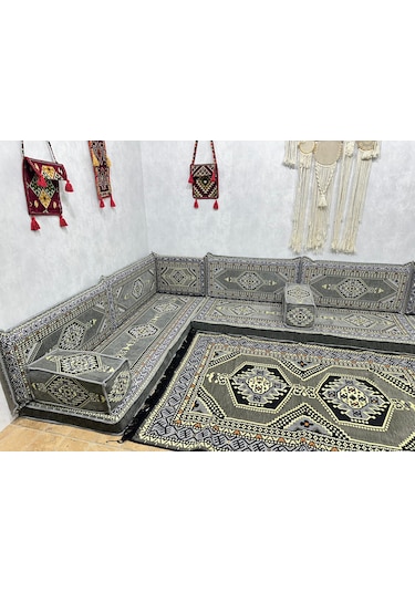 Coton Şark Köşesi Saraylı Desenli Minder Takımı Gri 13 Parça