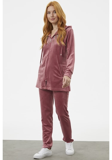 Tam Fermuarlı Kadife Taşlı Eşofman Takım - Gül Kurusu 001