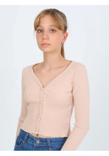 Kız Çocuk Kaşkorse Taşlı Düğmeli Hırka-14807 Bej