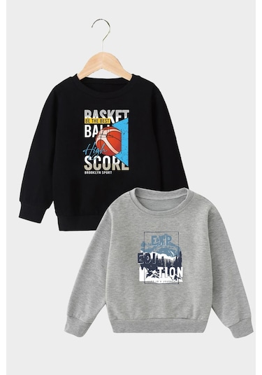 2'li Basker Score-exp Edition Baskılı Erkek Çocuk Siyah-gri Sweatshirt Siyah - Gri