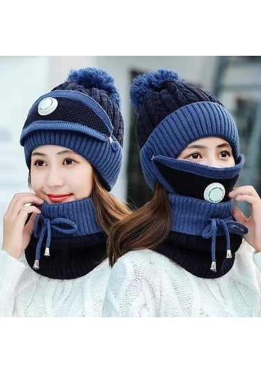 Novahub Üçü Bir Arada Kış Kadın Tek Parça Şapka Artı Kadife Sıcak Pamuk Maske Şapka Yün Kap Baotou Önlük Lacivert Lacivert