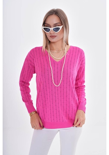 Kadın V Yaka Simli Kazak 12799 Bgl-st04107 Fuşya