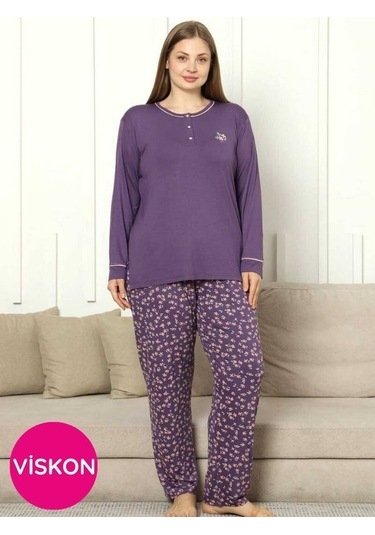 Kadın Mor Çiçek Desen Bisiklet Yaka 3 Düğmeli Yırtmaç Detay Büyük Beden Viskon Uzun Kol Pijama Mor