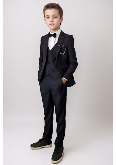 Riccotarz Erkek Çocuk Blazer Ceketli, Cepken Yelekli Siyah Takım Elbise 10-16 Yaş Siyah