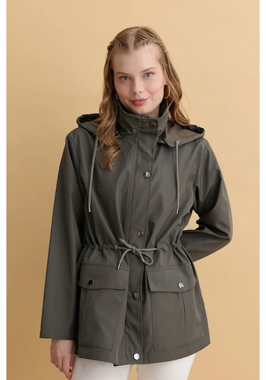 Desen Triko Kadın Kapüşonlu Kapaklı Cepli Kısa Trençkot 24416 Yeşil Yeşil