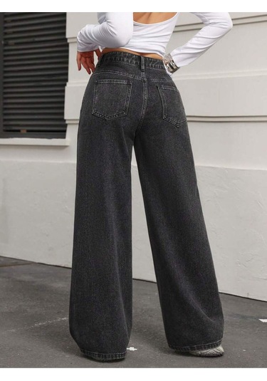 Koyu Füme Palazzo Pantolon Wide Leg Yüksek Bel Denim Jeans Gri