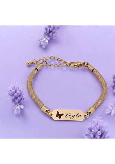 Archin Leyla İsmine Özel Hasır Kordonlu Kelebek Motifli 14 Ayar Altın Plakalı Hediye Bileklik-647isim Leyla