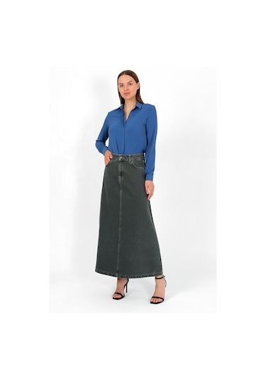 Yüksek Bel A Kesim Denim Etek Yeşil