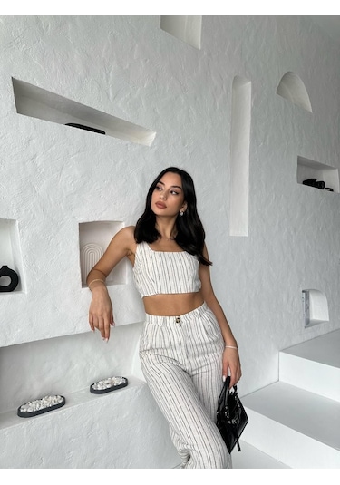 Eke Tekstil Lacivert Çizgili Crop Pantolon Keten Takım-lacivert Lacivert