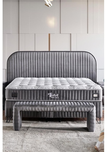 Line Visco Lüks Yatak Baza Ve Başlık Seti 200x200 Cm Çift Kişilik Yatak Baza Başlık Takımı Koyu Gri