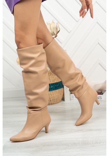 Sr-2001 Nut Körüklü İnce Topuklu Günlük Bayan Çizme Vizon