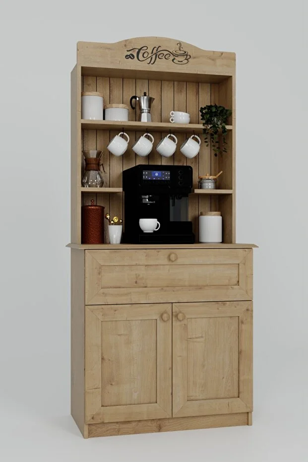 Lucas 2 Kapaklı Çekmeceli Kahve Köşesi Ve Çok Amaçlı Mutfak Dolabı - Safir Meşe Safir Meşe
