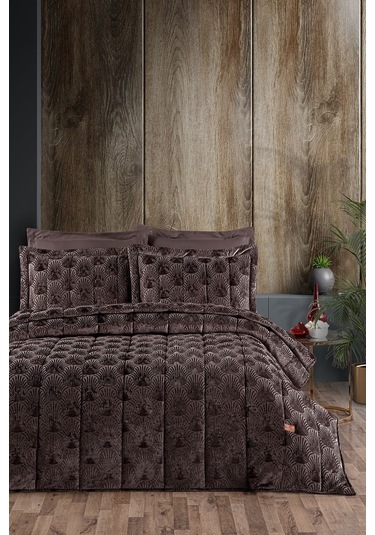 Lucianna Jakar Kadife Çift Kişilik Yatak Örtüsü Takımı Mürdüm Bej