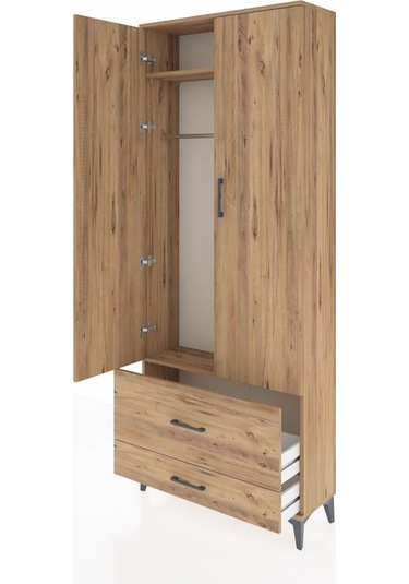 Arges Dolap 2 Raflı 2 Çekmeceli Tek Askılı 88x30x221 Çam-çam Çam