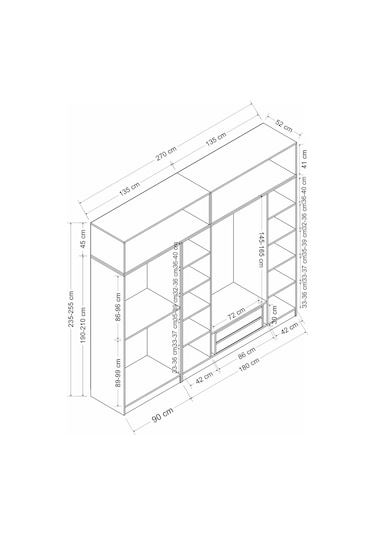 Kale 6 Kapaklı 2 İç Çekmeceli Dolap Ve Yüklük Antrasit Mebran İlkbahar 255cm Antrasit